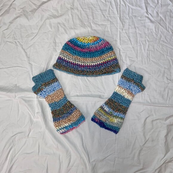 Homemade Crocheted Colorful Mittens and Winter Cap - Picture 1 of 2